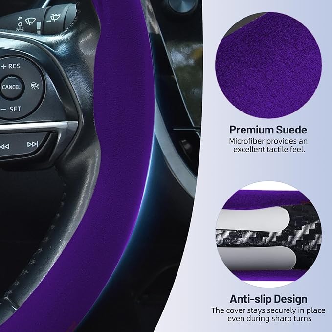 Suede Steering Wheel Cover, Universal 15 Inch Car Steering Wheel Cover, Non-Slip Design,Breathable,Car Interior Accessories Purple