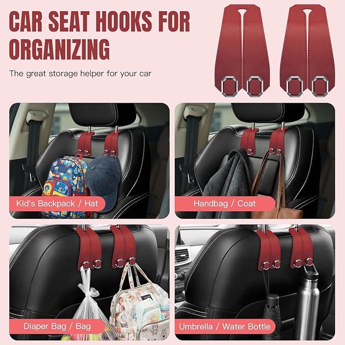 2PCS Car Hooks for Headrest, Faux Leather Purse Hook for Car Seat Back Organizers and Storage, Double Metal Purse Holder Bag Hanger, Universal Car Interior Accessories for Women Man