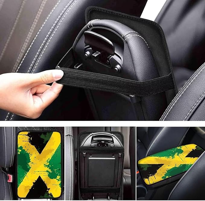 Auto Center Console Pad, Universal Car Armrest Seat Box Cover,Jamaican Flag Auto Armrest Cover Protector for Most Vehicle, SUV, Truck