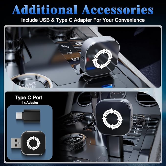 4-in-1 Wireless CarPlay Adapter for Apple CarPlay & Android Auto & AirPlay & MirrorLink, 2026 Upgraded Screen Mirroring Mini USB Adapter with Type-C Extension, Low Latency, Plug & Play