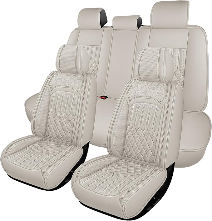 Car Seat Covers for Genesis GV70 2022-2025 2026, Full Set Nappa Leather Waterproof Breathable Anti-Slip Airbag Compatible Car Seats Protector, Car Interior Seats Cover (Beige,+Pillow)
