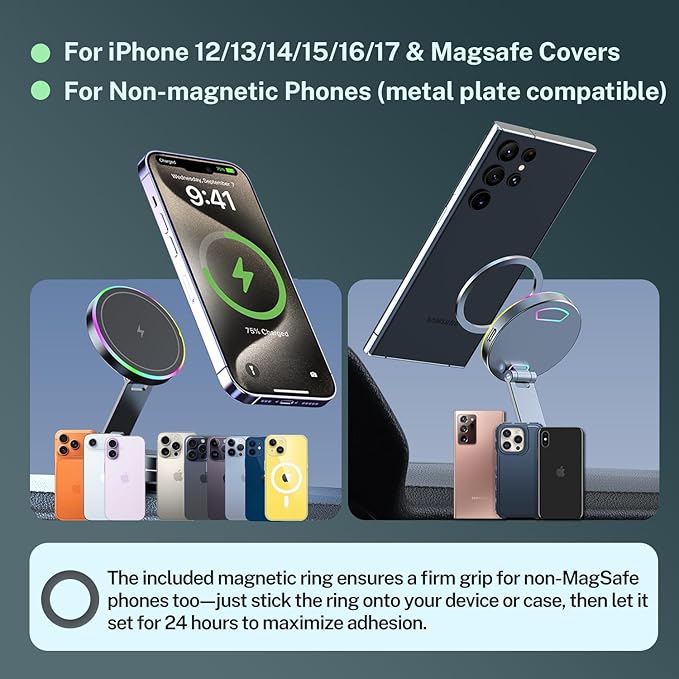 15W Fast for MagSafe Car Mount Charger with Breathing RGB Light, 360 Adjustable Vacuum Magnetic Phone Holder for Your Car Dash, Nano Gel Suction Cup Phone Mount for iPhone 12-17 Pro Max