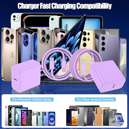 USB C Fast Charger for iPhone 17/ Air/16/15 Pro Max,2Pack 10FT Type C Charger Block & Cable, PD 3.0 Super Fast Charging for iPad Pro MacBook Air/Pro M1/M2, AirPods-Purple