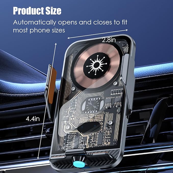Transparent Wireless Car Charger, Smart 15W Fast Magnetic Charging, Auto-Clamping Wireless Charging Mount, Stable Car Cell Phone Holder Suitable for Magnetically Chargeable Smartphones (Gold)