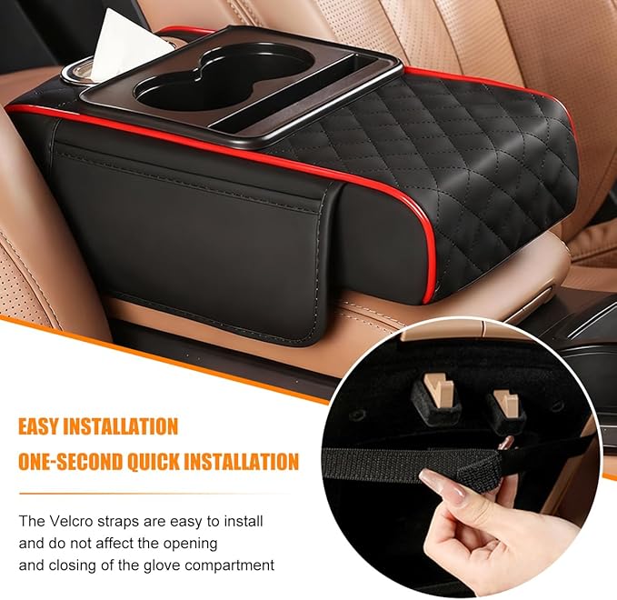 Car Armrest Cushion, 5-in-1 Nappa Leather Vehicle Centre Console Cover with 2 Storage Pockets, Cup Phone & Phone Holder, Multifunctional Auto Organiser Accessories, Universal Fit (Black/Red)