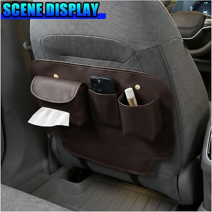 Leather Car Seat Back Organizer, Waterproof Car Seat Kick Mat with Cup Holder, Multifunctional Backseat Storage Bag, Universal Auto Travel Seats Protector Accessories for SUV Truck (Brown)