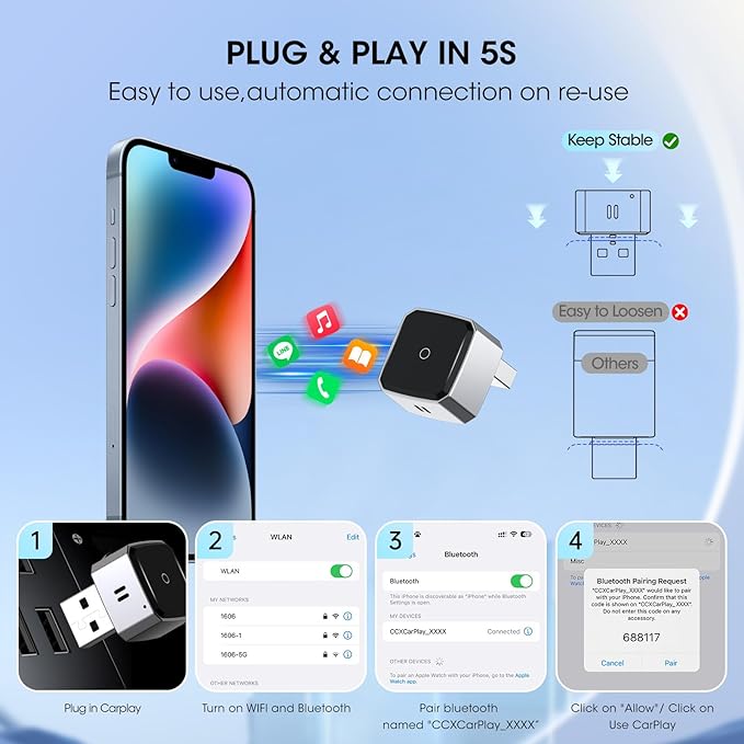 Wireless Carplay Adapter for iPhone, Convert Wired to Apple Carplay Wireless Adapter, Mini Size, Plug and Play, Connection Stable No Delay Car Play for iPhone (General Models)