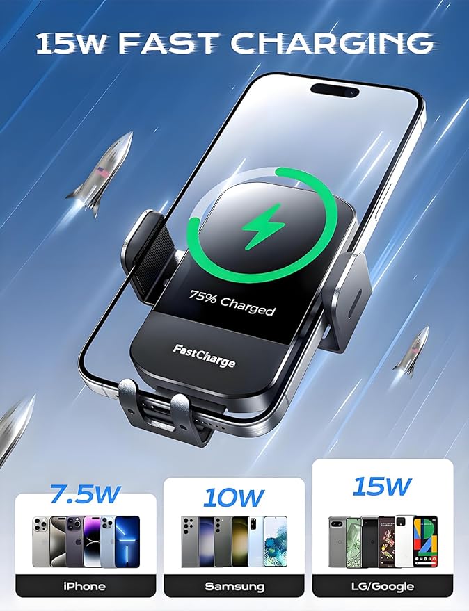 CHGeek Wireless Car Charger, 2026 Upgrade 15W Fast Charging Auto Clamping Car Phone Holder Charger, Phone Holders for car Mount, fit for iPhone 17 16 15 14 13 Mini Pro Max XR,Samsung Galaxy S26 Ultra