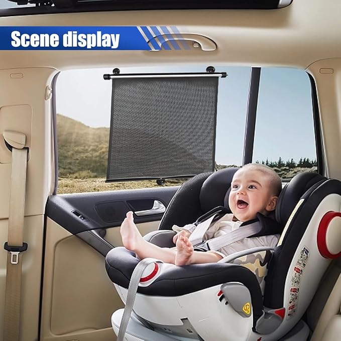 2PCS Car Side Window Sun Shade for Baby/Kids- 18"×14" Retractable Roller Car Window Shade with Suction Cups - Blocks Heat and UV Rays Glare Protection- Baby Travel Accessories for Cars (Black)