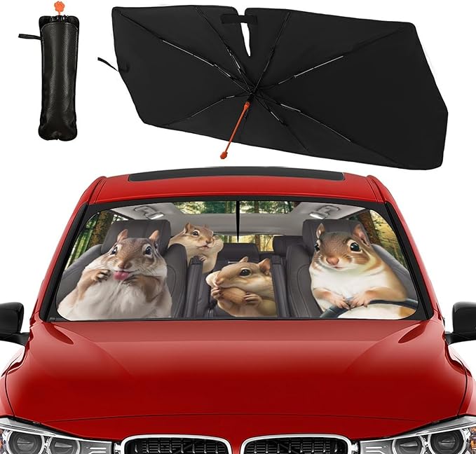 Socira Funny Squirrels Car Windshield Sunshade Umbrella Foldable Visor Umbrella Sun Shade Cover Funny Animal Sunshade Front Window Cover Squirrels Car Accessories Blocks Uv Rays 57" X 30"