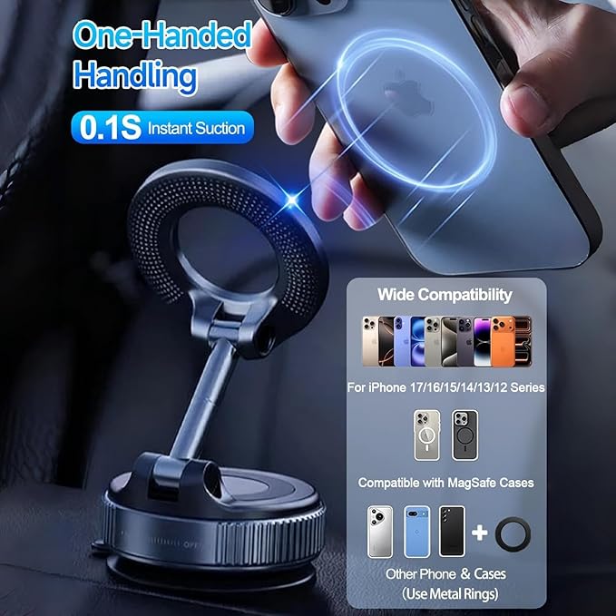 Vacuum Magnetic Car Phone Holder for Your Car, 360° Adjustable Car Phone Mount, Foldable Car Mount, for Magsafe Dashboard Car Bracket Stand for iPhone & Android