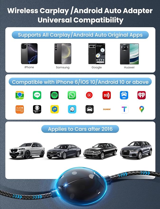 All-in-One Wireless Carplay & Android Auto Adapter with Fast Car Charger - 3 in 1 Cable for Stable Voltage, Enhanced Carplay/Android Auto Data. 48W, Dual USB C & A Ports