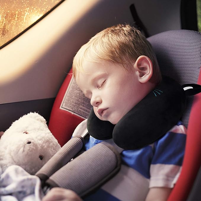 H HOMEWINS Travel Pillow for Kids,Cute Animal Neck Pillow for Boys Girls,Soft Neck Head Chin Support Pillow,Travel Accessories for Airplane, Car, Train,Recline (Black cat)