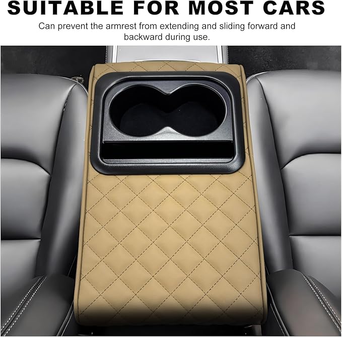 Car Center Console Armrest Pillow, Memory Foam Auto Armrest Box Cover with Cup Holder & Phone Holder, Waterproof Leather Arm Rest Protector Cushion, Interior Car Accessories (Diamond, Beige)