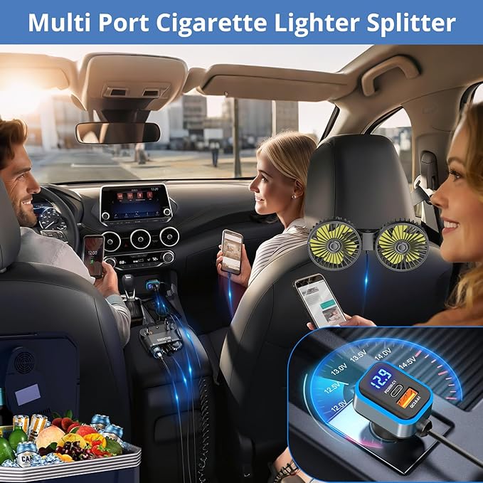 Qidoe 9 in1Cigarette Lighter Splitter,360W 3 Socket Car Charger Adapeter,3*PD&QC 108W,12V/24V Car Socket Adapter with Independent Switches & LED Voltage Display for All Car Devices
