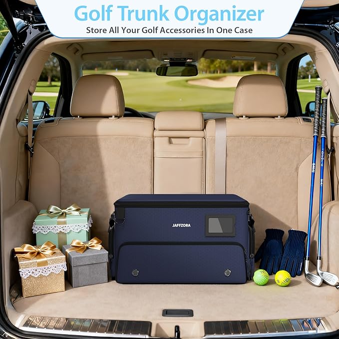 4-Layer Golf Trunk Organizer, Golfer Gifts for Men Women with Separate Ventilated Compartment for 2 Pairs Shoes, Waterproof Car Golf Locker Storage Bag for Golf Gear and Accessories,Blue