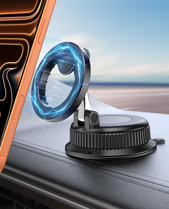 Magnetic Car Phone Holder for MagSafe, Strong Suction Cup Car Phone Mount for Dashboard & Windshield, 360° Rotatable & Foldable, Adjustable Cell Phone Holder for Car, Fits iPhone 12–17 Series