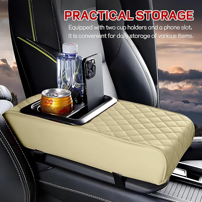 Car Center Console Armrest Pillow, 13.19"×7.87" Leather Car Arm Rest Cover, Memory Foam Auto Armrest Cushion with Cup Holder Phone Slot, Universal Vehicle Middle Console Cushion Pad (Beige)