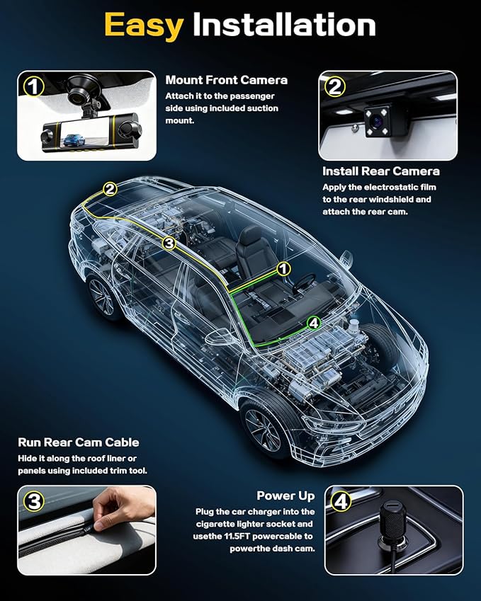 4 Channel 360ยฐ Dash Cam Front Rear Inside & Left Right,4K+1080P*3 FHD Car Camera,5GHz WiFi & App Control,8 IR Lamps Night Vision,24H Parking Mode,G-Sensor,Loop Recording,Includes 64GB SD Card๏ผBlack๏ผ