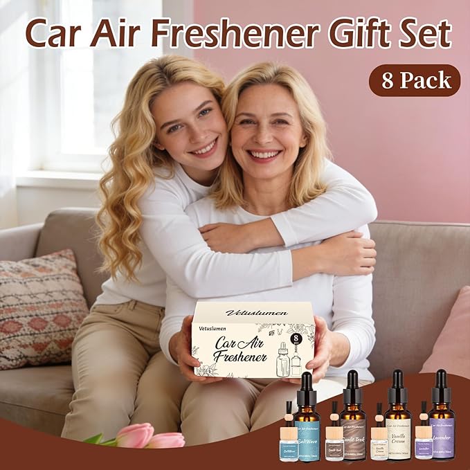 Car Air Freshener & Refill Set, 4-Scent Hanging Air Freshener Diffuser - Each(8ml +20ml Refills), Natural Essential Oil Diffuser With Refill Bottles, Reusable Car Fragrance Decor Accessories(8 Pack)