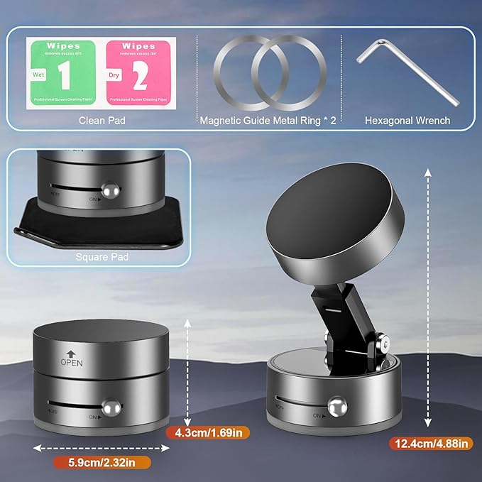 OOCC Vacuum Magnetic Phone Holders for Your Car, 360°Rotating Adjustable Magsafe Car Phone Mount, Foldable Magnetic Car Phone Holder for All Smartphones & All Car Models, Silver Grey