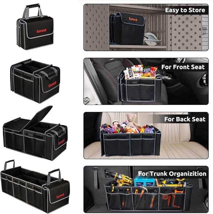 Collapsible Trunk Organizer with Insulated Leakproof Cooler Bag,Removable Lid,Adjustable Securing Straps,3 Compartments Trunk Organizer for SUV,Truck,Sedan(Grey & Black)