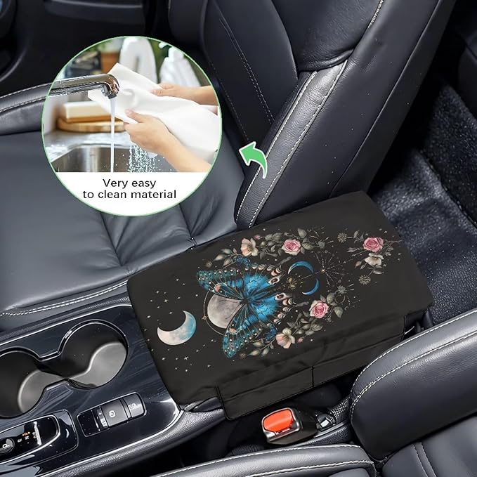 Wanyint Butterfly Flower Moon Black Car Center Console Cover Comfortable Armrest Box Mat Hand Rest Pillow for Car Seat Organizer Arm Rest Cushion Protective Cover Car Interior Decor