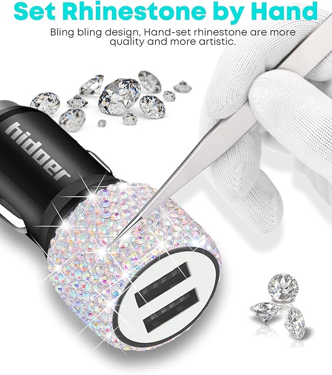 Bling USB Car Charger 5V 2.4A Multicolor Crystal Decor Dual Port Fast Adapter with 4ft Nylon Type C Micro USB 3 in 1 Multi Charging Cable for iPhone iPad Android, Auto Interior Accessories for Women