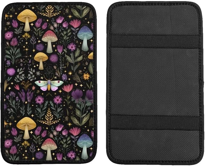 Mushroom Print Center Console Cover Boho Herbs Leaf Armrest Seat Box Covers Protector Black Vintage Car Decor Accessories Scratch Resistant Middle Console Lid Cushion Pad