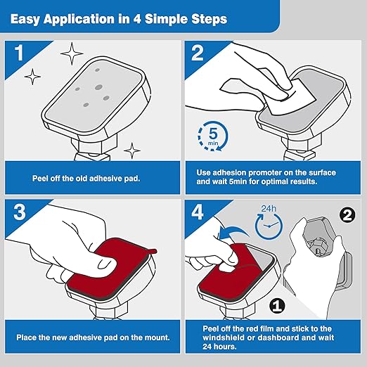 4-Pack Double-Sided Adhesive Pads for Dash Cam Mount – Heat-Resistant High-Bond Replacement Tape – 2 Square & 2 Rectangular Pads for Windshield and Dashboard – Includes Adhesion Promoter