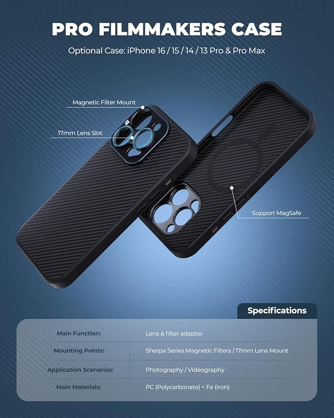 FREEWELL Pro Filmmaker Case for iPhone 15 Pro - 17mm Lens Slot & Magnetic Filter Support Black