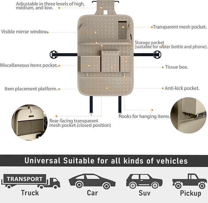 XDV Car Seat Organizers,Multi-functional Back Seat Protectors, Storage Pouches, and Tray Holders (for Cars, Kids, Seat Back and Rear Seats) (Woven Beige, 1 Pcs)