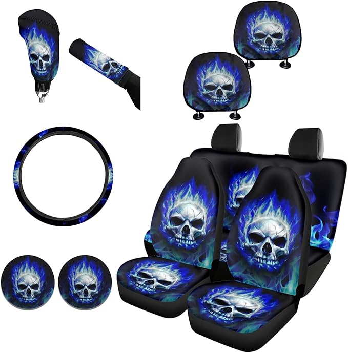 FKELYI Cool Skull Car Seat Covers Set Blue Fire Car Interior Seat Protector,Absorbent Cup Holder Pads,Steering Wheel Cover,Gear Shift Cover,Handbrake Cover,Headrest Covers