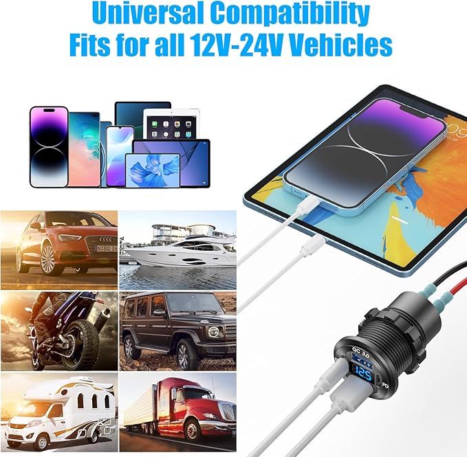78W 12V USB Outlet 4 Port Car Charger Socket, Dual PD USB C and Dual Quick Charge 3.0 Port Aluminum Charger with Voltmeter DIY Kit Waterproof for Car Boat Marine Motorcycle RV ATV Truck Golf Cart, etc