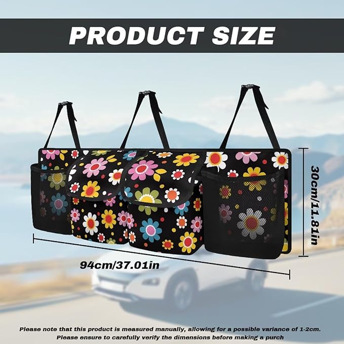 Daisy Car Trunk Organizer Hanging Car Organizer Back Seat, Car Hanging Accessories with 2 Pockets & 2 Mesh Pouches for Groceries, Will Provide More Space for SUV, Trucks, Van, Sedan