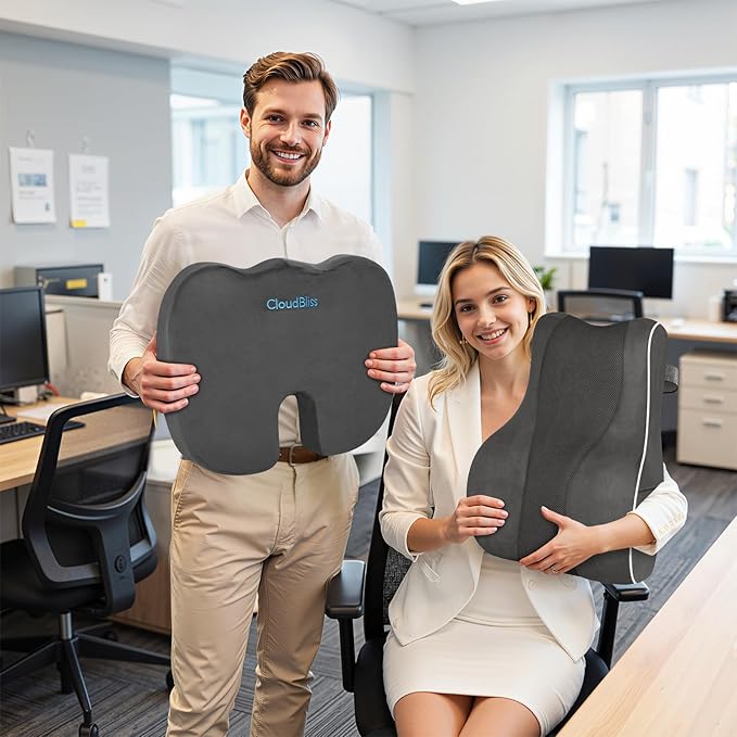 CloudBliss Ergonomic Lumbar Support Pillow Seat Cuhsion - Memory Foam for Lower Back Pain Relief, Adjustable Straps & Mesh Cover for Office, Gaming, Car Seat (Grey)