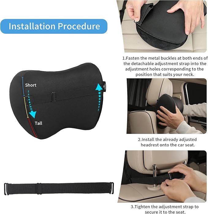 Car Neck Pillow Adjustable Up and Down Style 2 Pack,Car Headrest Pillow for Neck Support Relieves Driving Fatigue, Soft Memory Form and Ergonomic Design Fits Most Heights and Car Seats (Black)