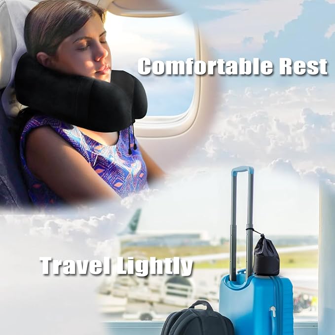 Travel Pillow, Memory Foam Neck Pillow for Traveling, U Shape Neck Pillow Airplane Portable Flight Pillow Travel Kit with 3D Contoured Eye Masks and Earplug for Plane Train Car Home Office - Black