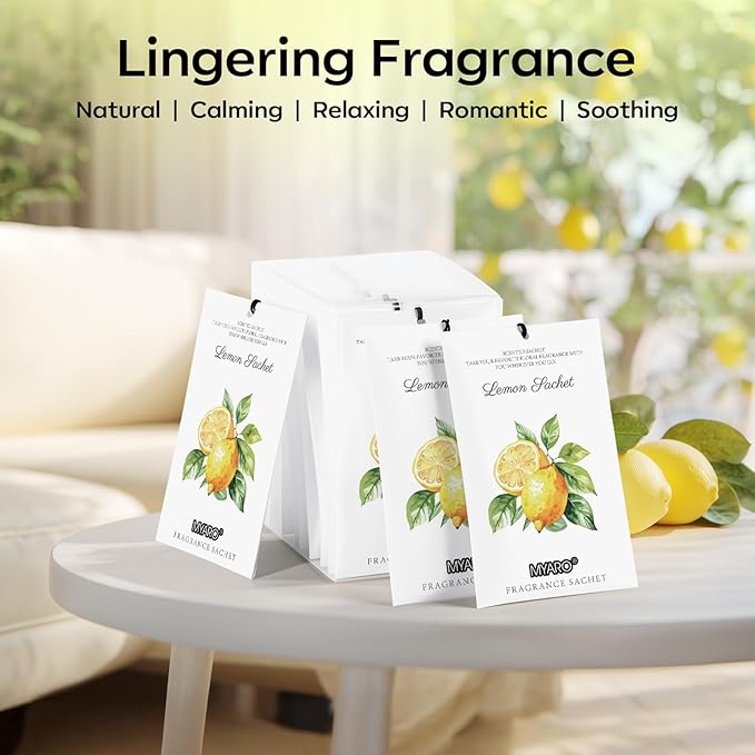 MYARO 12 Packs Lemon Scented Sachets for Drawer Closet Bathroom Odor Eliminator - Fresh Home Fragrance Car Air Frehener
