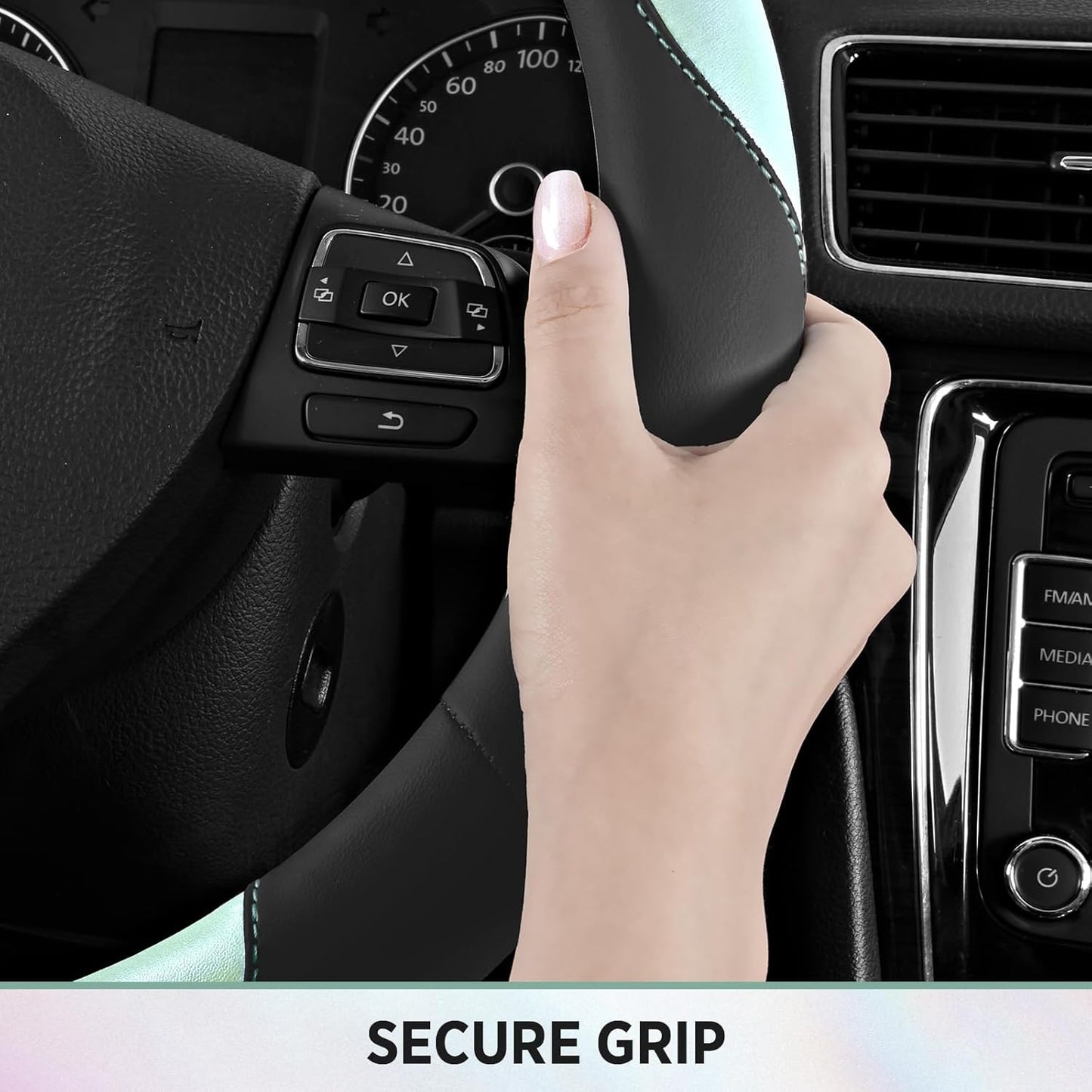 Road Comforts Steering Wheel Cover – Breathable Leather Steering Wheel Cover, Anti-Slip Grip, Universal Fit 14.5” to 15”, Heat & Cold Resistant for Cars, SUVs, and Trucks – Black & Light Blue