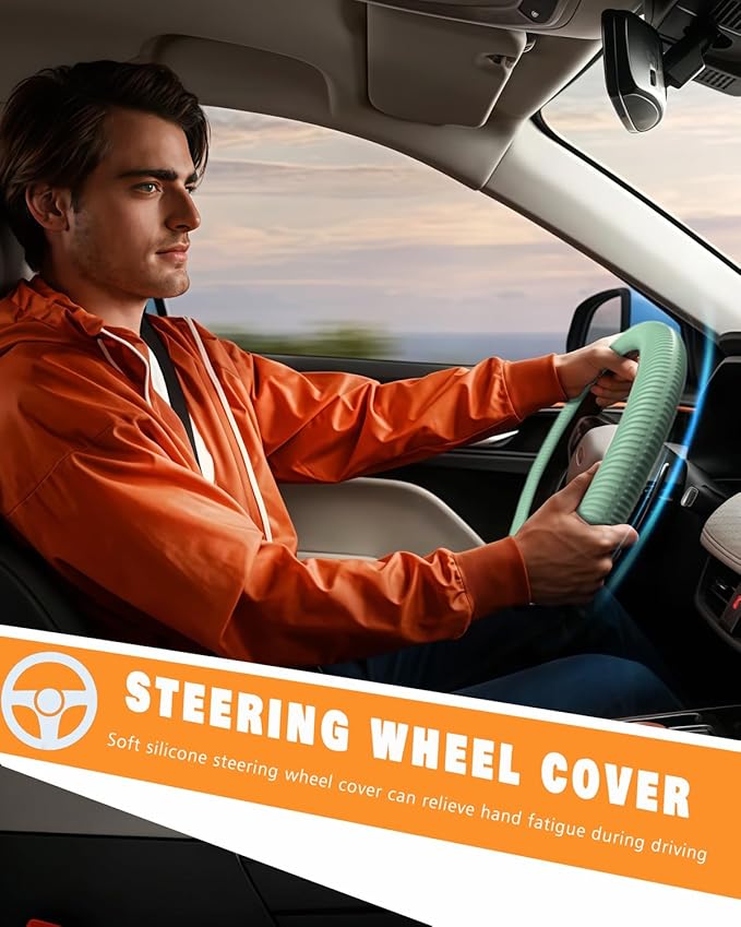 WOCOCN Car Steering Wheel Cover, Thin Anti-Skid Silicone Steering Wheel Cover for Men & Women, Universal Automotive Interior Accessories for Most Cars (Light Green)