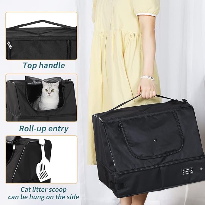 PETSFIT Portable Travel Cat Litter Box – Collapsible, 2-Layer Leak-Proof Washable Liner with Sturdy Support Frame, for Hotel/Car/Camping, Cat Travel Essentials for Kitty/Medium Cats Solid Black