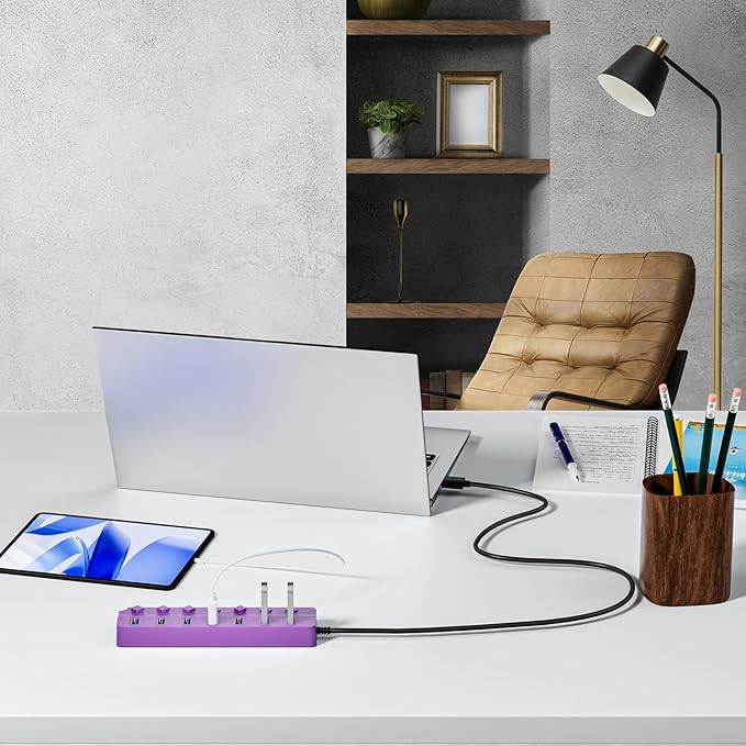 ONFINIO USB Hub 3.0, 7-Port USB Hub Splitter with Individual On/Off Switches and Lights, 3.2ft/1m Long Cable Compatible with MacBook, Laptop, Surface Pro, PS4, PC, Flash Drive, Mobile HDD-Purple