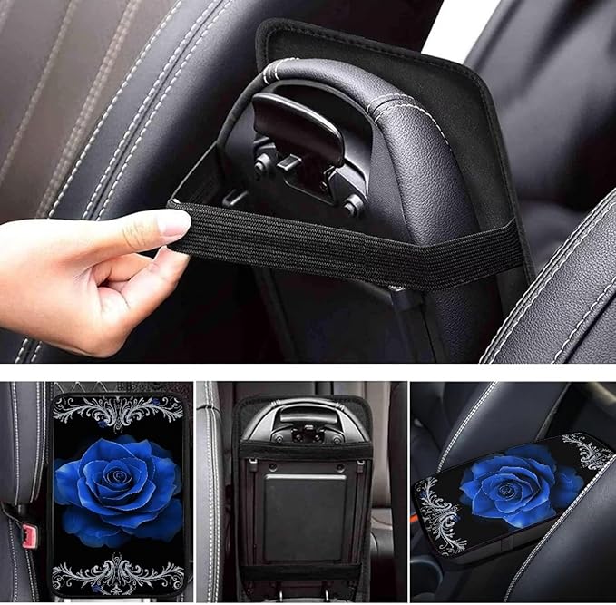 Blue Rose Vehicle Armrest Covers Armrest Seat Box Cover Protector Middle Storage Organizer Pad Aesthetic Interior Decor