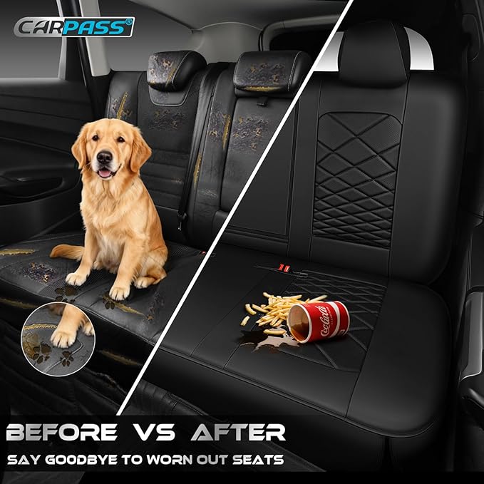 CAR PASS Luxury Nappa Leather Back Seat Covers, Piping Water Resistant Premium Faux Leather Rear Bench Seat Covers, Breathable Backseat Cover Universal Fit for Most Sedan SUV Van Truck, Black