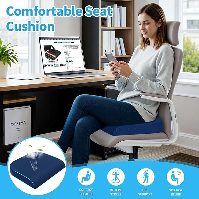 XLarge Seat Cushion, Memory Foam Cushion for Long Sitting Hours on Office Chair, Home & Car, Non-Slip Chair Pad for Relieving Back & Sciatica & Hip & Coccyx Pain (Blue)