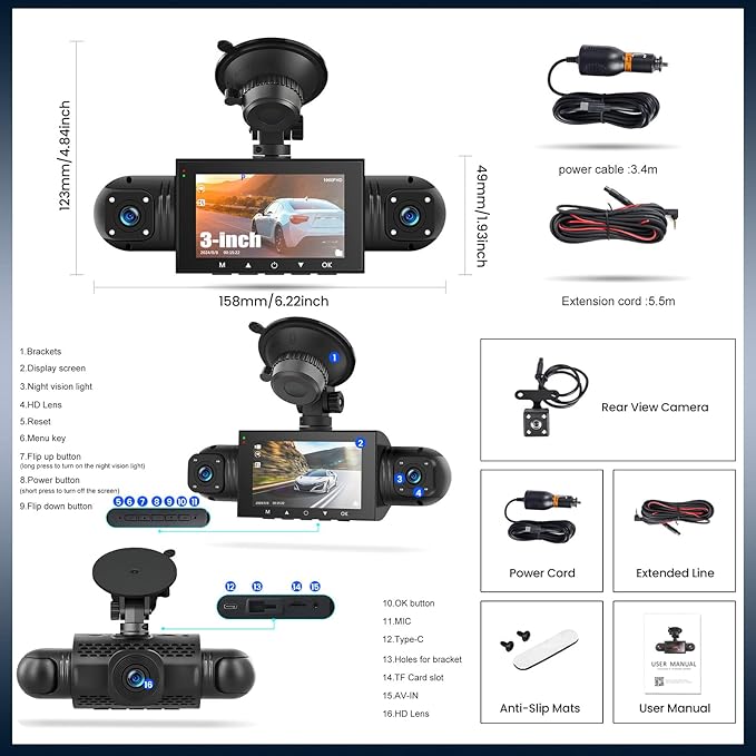 4 Channel 360°Dash Cam Front and Rear Inside Left Right,3'' 1080P Dash Camera for Cars,Dash Camera Car Camera with Motion Detection,Loop Recording,G-Sensor,24 Parking Monitor