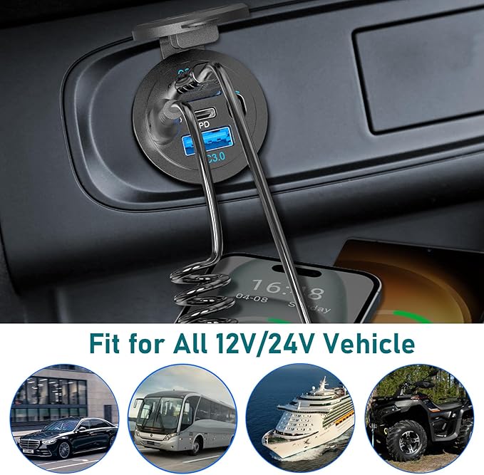 12V USB C Outlet 90W 4 Ports Car Charger Socket, Dual PD 36W and Dual QC 18W Car USB Port 12V Charger with Button Switch and C to C Cable, Suitable for Boat Marine Bus Truck Golf RV Motorcycle