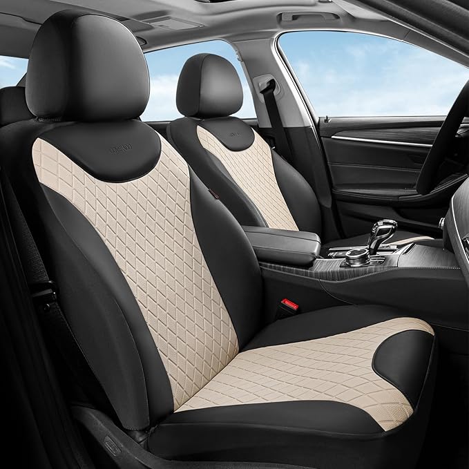 Coverado Front and Back Seat Covers, 5-Pack Universal Seat Covers for Cars, Leather & Fabric Splicing Design Car Seat Protectors, Waterproof Auto Seat Cushions Universal for Vehicles, Black & Beige