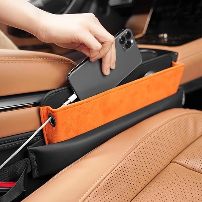Car Seat Organizer with Gap Filler, 2-in-1 Luxurious Microfiber Storage Box and Leather Seat Console Gap Filler Drop Blocker Stopper Accessories for Sedan SUV Truck Van (Black/Orange, 1 Set)